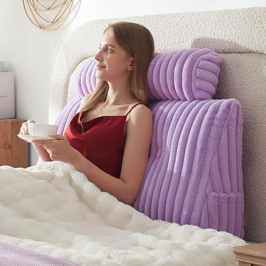Headboard Pillow + A Long Neck Roll Pillow Body Pillow，Faux Fur Headboard Wedge Pillow with Removable Cover (Purple, Twin：39x8x20 inches)