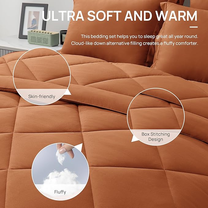 Love's cabin Twin XL Comforter Set Terracotta, 5 Pieces Twin XL Bed in a Bag, All Season Bedding Sets with 1 Comforter, 1 Flat Sheet, 1 Fitted Sheet, 1 Pillowcase and 1 Pillow Sham