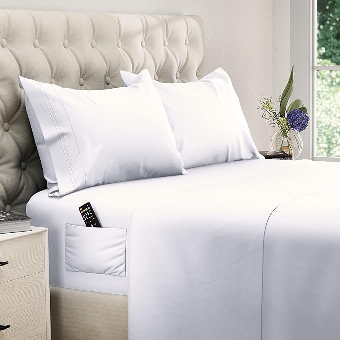 DREAMCARE California King Sheet Sets - Cooling Bed Sheets - 4pcs Set - up to 15" Deep Pocket Cal King Sheets - California King Sheets - Soft & Lasting 100% Brushed Polyester with Side Pocket - White DREAMCARE