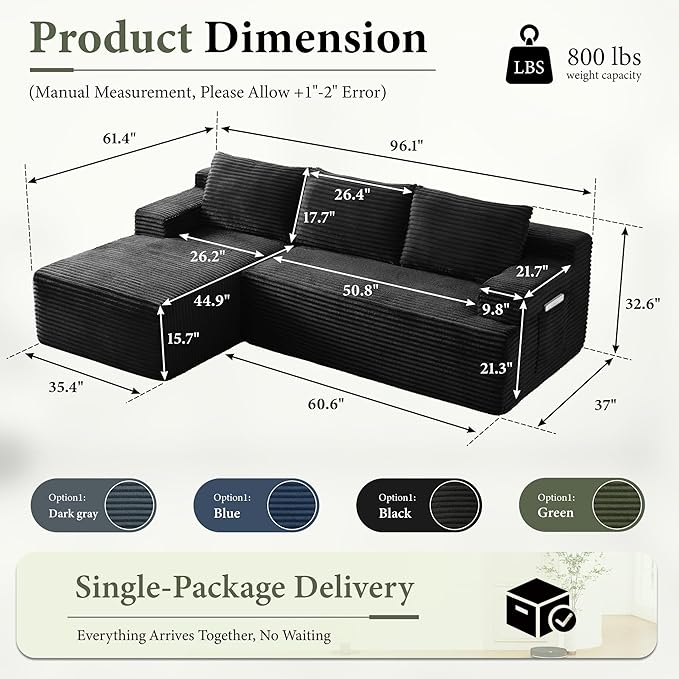 96''Sectional Couches for Living Room Modern Modular Sectional Sofa Upholstered Boneless Couch Comfy Cloud Couch with Chaise (Black, 96''W Left Facing Chaise)
