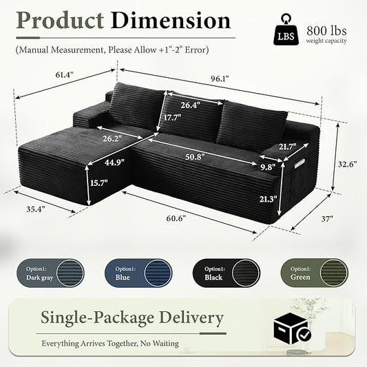 96''Sectional Couches for Living Room Modern Modular Sectional Sofa Upholstered Boneless Couch Comfy Cloud Couch with Chaise (Black, 96''W Left Facing Chaise)