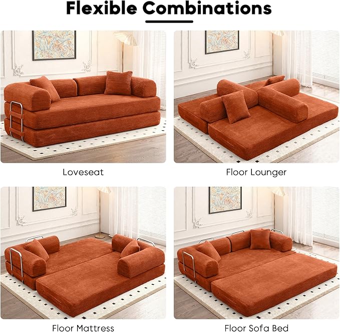 Convertible Sleeper Sofa Bed, Corduroy Floor Couch with Fixed-Shape Frame, Comfy Modular Floor Sofa with Pull Out Bed, Loveseat Sleeper Boneless Couch for Living Room, Orange