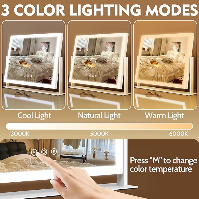 ROLOVE Lighted Makeup Mirror 16.3"x12.6", Hollywood Vanity Mirror with 10X Magnifier, 3 Color LED Lighting Modes, Smart Touch Control & 360° Rotation, Tabletop Makeup Mirror (White, Gift Ready)
