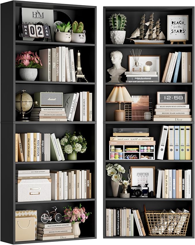 FOTOSOK 6-Tier Open Bookcase and Bookshelf Set of 2, Freestanding Display Storage Shelves Tall Bookcase for Bedroom, Living Room and Office, Black