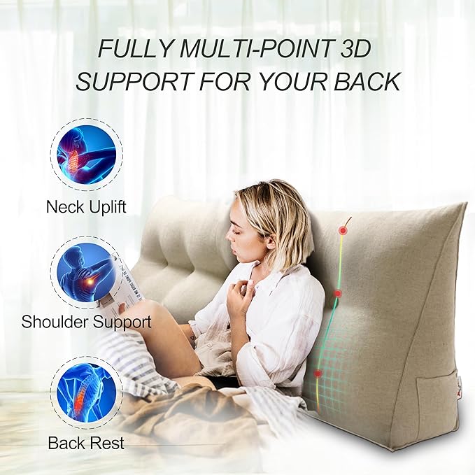 WOWMAX 85% Linen 15% Cotton Blend Headboard Pillow – King Size Reading Wedge Backrest for Bed, Handmade Firm Support Bolster Cushion with Removable Cover, Premium Bed Rest Pillow, Natural Color