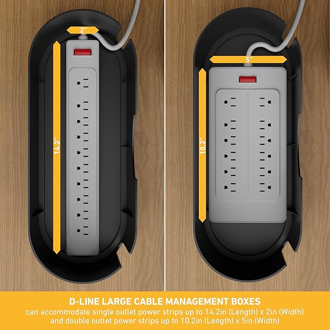 D-Line Cable Management Box, Power Strip Holder, Floor Outlet Hiders, Desk Cord Organizer, Cover TV Wires, Wire Storage, Extension Hider, Office Concealer for Cords, Baby Proof Cables - Large, Black