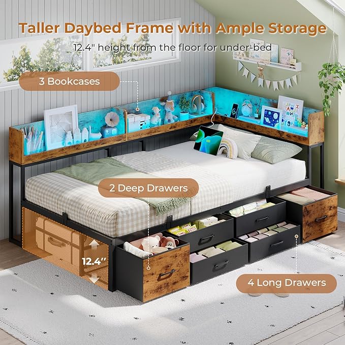 VIAGDO Corner Bed Frame with Storage Bookcase Headboard and 6 Drawers, Twin Metal Platform Corner Bed Frame with LED Lights and Charging Station, Twin Daybed for Kids Teenagers, Rustic Brown & Black