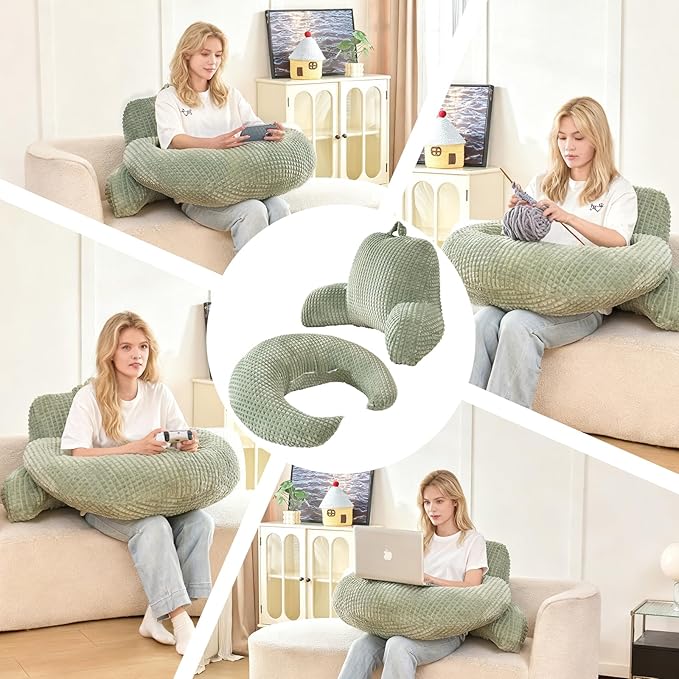 Reading Pillow for Bed,U Shaped & Back Support Pillow for Bed,17" Backrest with Lumbar & Arm Support,Comfy Flannel Fabric,Lap Pillow for Gaming/Reading/Watching TV,Green