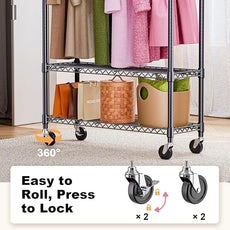 Heavy Duty Rolling Garment Rack 3 Tiers Adjustable Wire Shelving Clothes Rack with 1 Rods and Side Hooks,Storage Closet Clothing Rack with Wheels Black 15.7