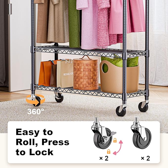 Heavy Duty Rolling Garment Rack 3 Tiers Adjustable Wire Shelving Clothes Rack with 1 Rods and Side Hooks,Storage Closet Clothing Rack with Wheels Black 15.7" D x 45.3" W x 75.6" H