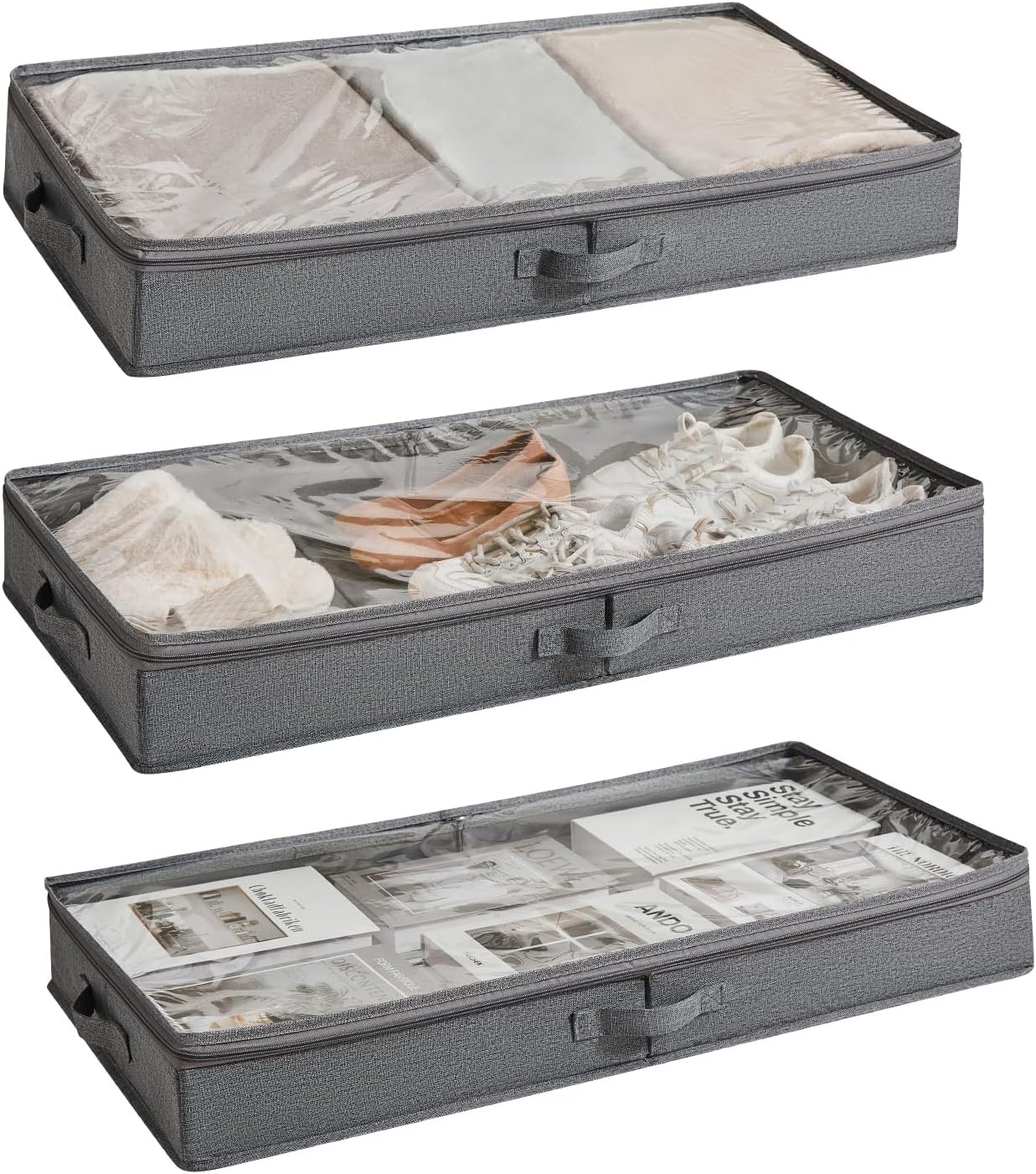 Berdeng 3 Pack Under Bed Storage Containers, Low Profile Underbed Shoes and Clothes Storage Organizer with Sturdy Sidewalls/Bottom, Large Dorm Storage Bins,33 * 17 * 4.5 inches,45L