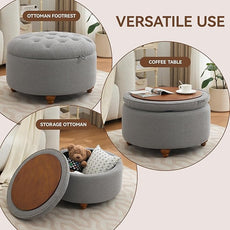 30Inch Round Storage Ottoman with Tray, Modern Tufted Fabric Circle Coffee Table with Storage, Upholstered Ottoman with Removable Top for Living Room, Bedroom, Light Grey