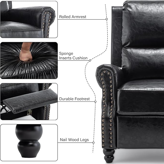 Faux Leather Recliner Chair, Modern Pushback Armchair with Adjustable Backrest & Footrest for Bedroom, Living Room, Black, Set of 1