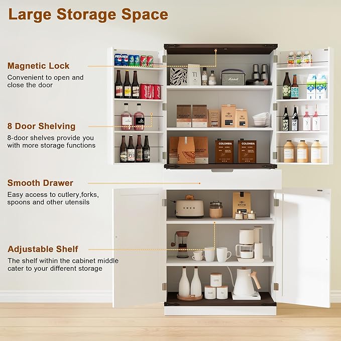 72" Tall Storage Cabinet, Kitchen Pantry Cabinet with Adjustable Shelves & Sturdy Steel Frame, Farmhouse Pantry Storage with 4 Barn Doors for Kitchen, Dining Room, and Living Room, White