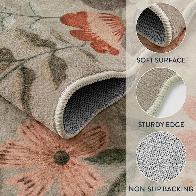 Lahome Floral Kitchen Runner, 2x5 Soft Washable Runner Rug Non Slip, Ultra-Thin Hallway Rug Stain Resistant Boho Carpet for ‎Laundry Bathroom Bedroom(2x5ft,Brown)