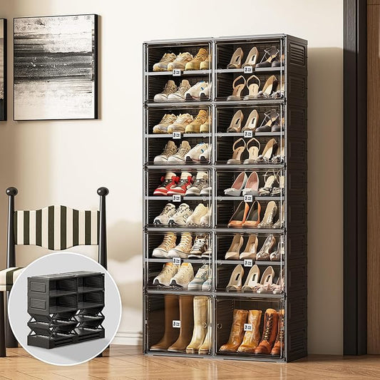 Shoe Rack Organizer Cabinet for Closet Entryway,Clear Shoe Storage Boxes Stackable Sneaker Storage with Door Easy Assembly Black Shoe Cabinet with Lids Large 9 Tiers 36 Pairs