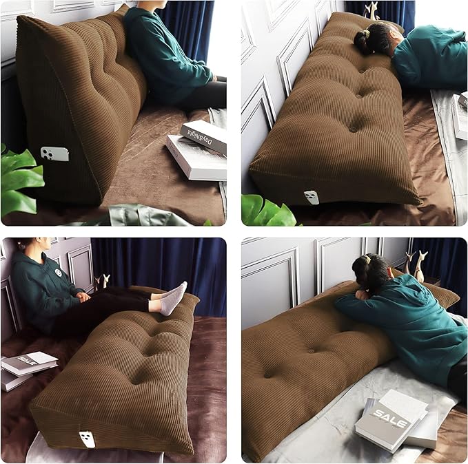 WOWMAX 100% Cotton Corduroy Headboard Pillow – California King Size Back Support Reading Wedge for Bed & Daybed, Plush Handmade Bolster Cushion with Removable Cover, Cozy Bed Rest Pillow, Coffee