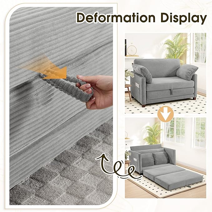 51" Convertible Loveseat Sofa Bed, 2-in-1 Folding Sofa Bed with 2 Pillow for Small Spaces, Modern Loveseat Sleeper Couch for Apartment, Living Room & Guest Room (Light Grey Corduroy, 51 inch)
