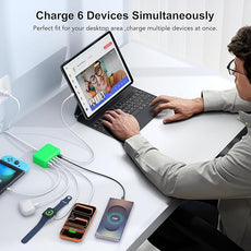 USB C Fast Charger, 100W GaN 6 Port Type C Charging Station Hub Block Cube, USB C Wall Charger Power Strip Adapter Plug for iPad iPhone 17 16 15 14 13 12 Pro Max Pixel Note Galaxy, 5ft Cord