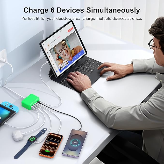 USB C Fast Charger, 100W GaN 6 Port Type C Charging Station Hub Block Cube, USB C Wall Charger Power Strip Adapter Plug for iPad iPhone 17 16 15 14 13 12 Pro Max Pixel Note Galaxy, 5ft Cord