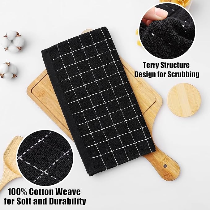 Homaxy 100% Cotton Terry Kitchen Towels(Black, 13 x 28 inches), Checkered Designed, Soft and Super Absorbent Dish Towels, 18 Pack