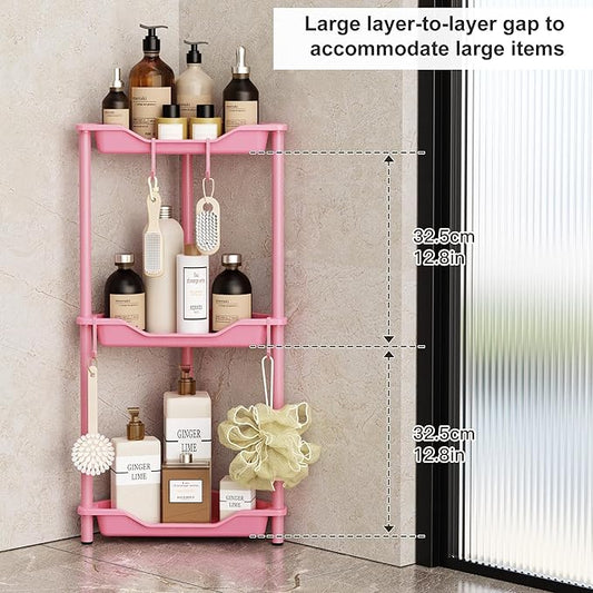 Orimade Rustproof 3 Tier Floor Standing Corner Shower Caddy Organizer, Plastic Metal Splicing Floor Corner Shelf Rack Stands for Bathroom, Pink