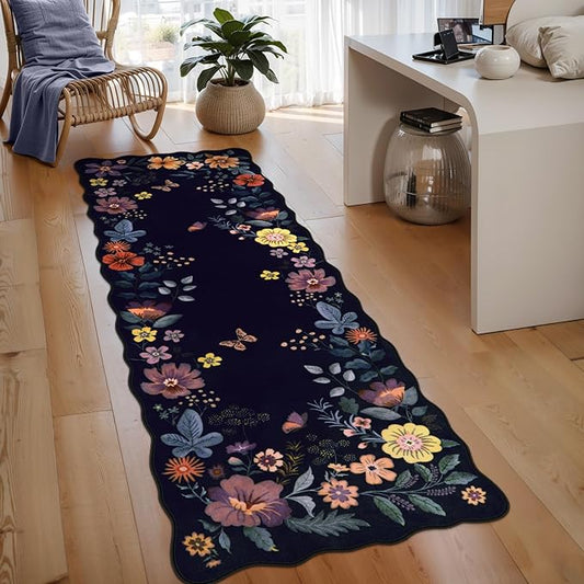 Lahome Floral Kitchen Runner, 2X6 Washable Runner Rug Non-Slip, Ultra-Thin Soft Hallway Rug Stain Resistant Boho Low-Pile Carpet for ‎Laundry Bathroom Bedroom(2x6ft,Purple)