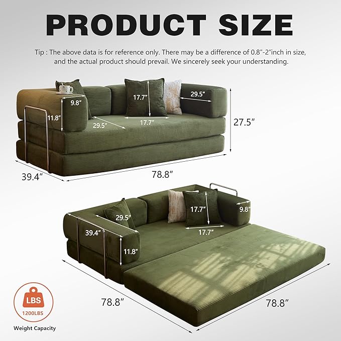 78.8" Convertible Sofa Bed - Compression Sofa with Corduroy Fabric - with Armrests and Backrest - Modular Sectional for Living Room, Bedroom, Studio - Compression Sofa in Box (Green)