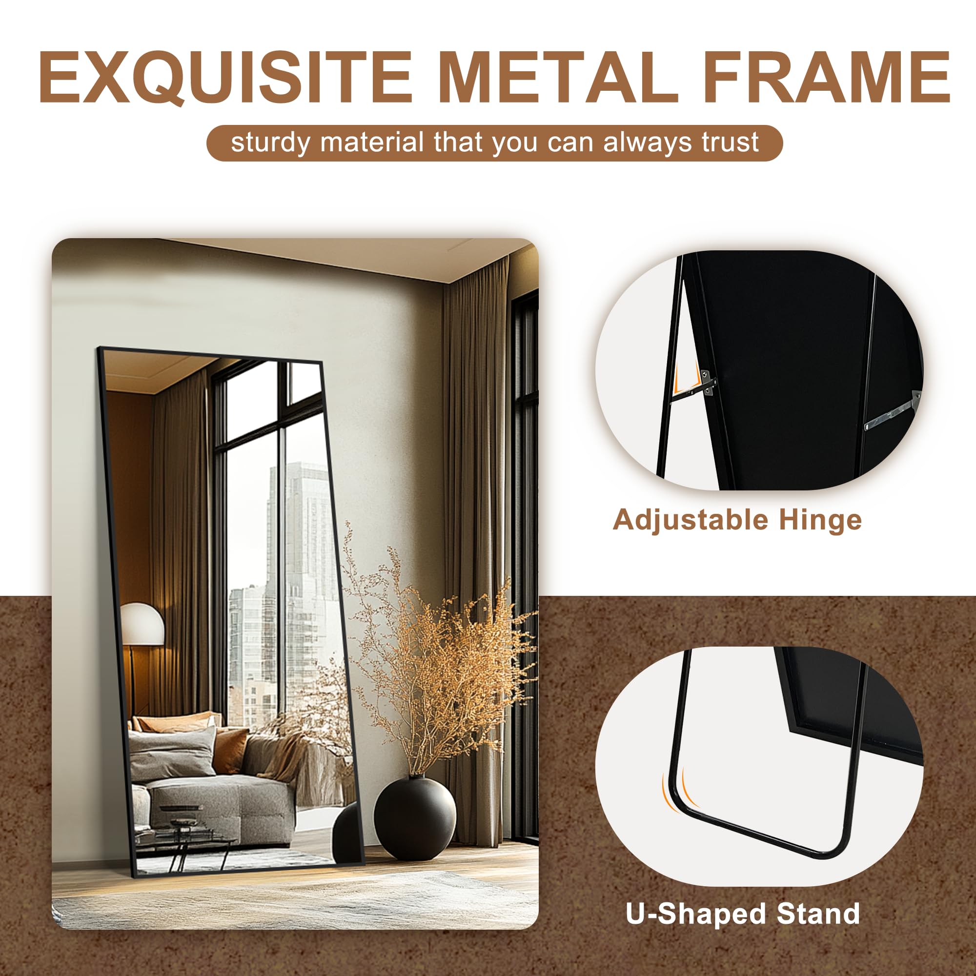 Delma Wall Full Length Mirror,Standing Mirror Full Body,Large Floor for Wall Door Bedroom Bathroom Living Room with Aluminium Frame(with Stand,56x15-Black) Dormly