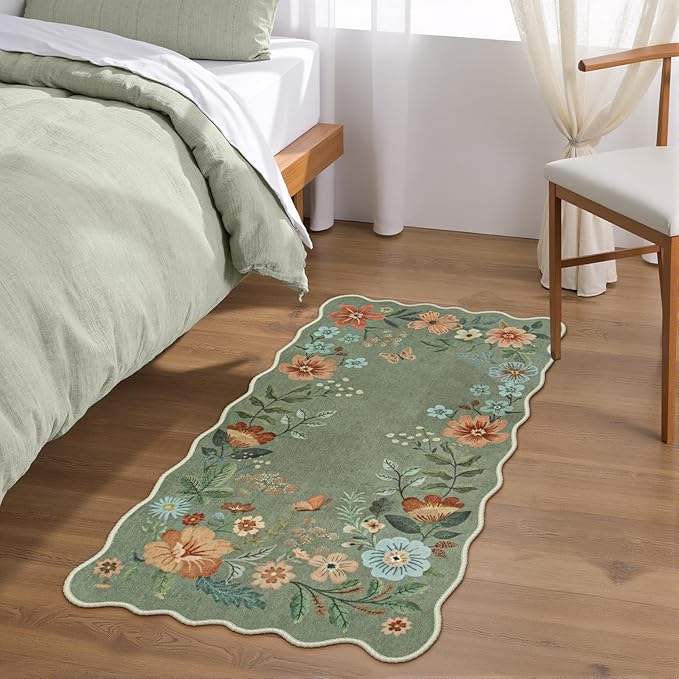 Lahome Floral Rugs for Entryway, 2x4 Washable Kitchen Rugs Ultra-Thin Soft Rug, Non Slip Indoor Door Mat Stain Resistant Boho Small Low-Pile Throw Carpet for Bathroom Bedroom(2x4ft,Green)