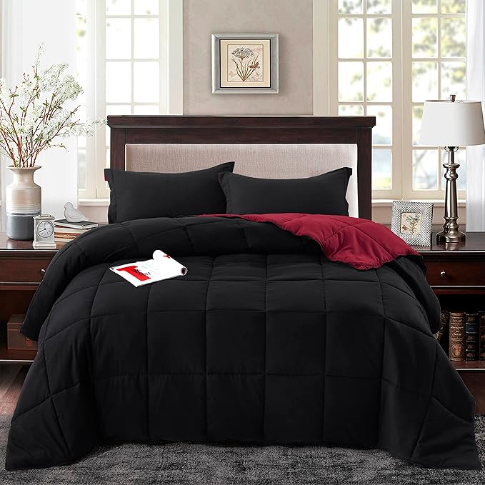 HIG 3pc Down Alternative Comforter Set - All Season Reversible Comforter with Two Shams - Quilted Duvet Insert with Corner Tabs - Box Stitched - Super Soft, Fluffy (Full, Black)