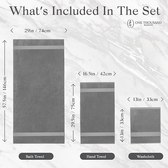 Premium Staple Cotton Bathroom Towel Set - Gray 600 GSM 6-Piece Luxury Bath Towel Set 1 Stripe - 2 Bath Towels, 2 Hand Towels & 2 Washclothes Set - High Absorbent & Quick Dry for Gym, Spa, Hotel