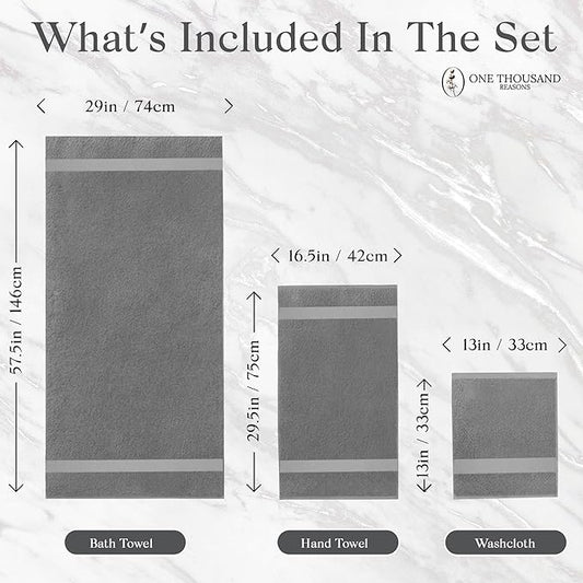 Premium Staple Cotton Bathroom Towel Set - Gray 600 GSM 6-Piece Luxury Bath Towel Set 1 Stripe - 2 Bath Towels, 2 Hand Towels & 2 Washclothes Set - High Absorbent & Quick Dry for Gym, Spa, Hotel