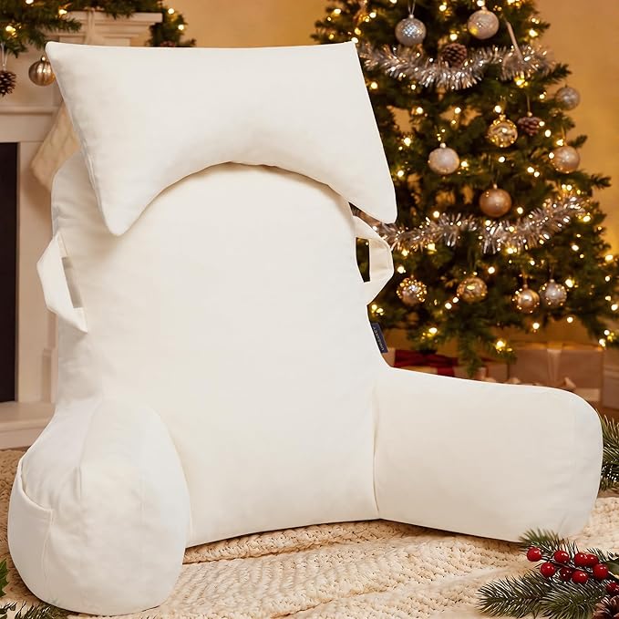 Portable Reading Pillows with Headrest for Bed Sitting Up(Beige Oeko-Tex), Velvet Back Pillow with Arms & Pockets for Adults, Support Memory Foam Bed Pillow for Dorm/Reading/Watching/Gaming