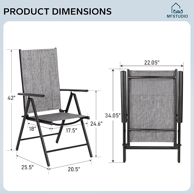 MFSTUDIO Patio Folding Chairs Set of 4, Outdoor Patio Dining Chairs, Portable Grey Sling Patio Chairs, 7 Levels Adjustable Sling Back Chairs for Backyard Lawn Garden
