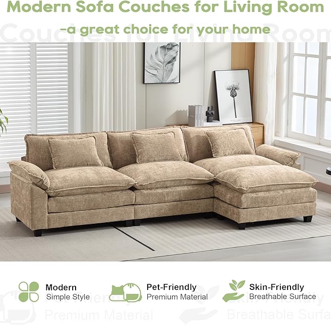 120" Modular Sectional Sofa, Comfy Cloud Couch Sectional Sofa with Ottoman, Chenille Sofa Sleeper Deep Seat Sofa with Throw Pillows for Living Room (Khaki, 120"- L Shape)