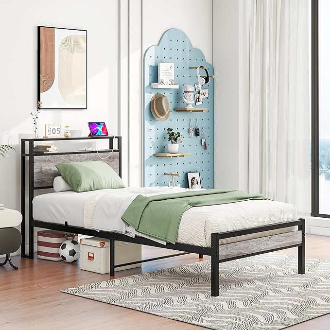 HOJINLINERO Twin Bed Frame with Storage Headboard and Charging Station, Twin Size, Heavy Duty Metal Slats, No Box Spring Needed, Dark Grey