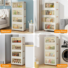 VECELO 240 QT Stackable Storage Bins with Wheels, Magnetic Dual Opening Doors & Transparent Panels, Plastic Foldable Storage Containers for Living Room, Bedroom, Kitchen, Office