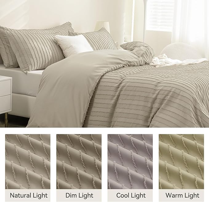 JELLYMONI Duvet Cover Queen Size Khaki - 3PCS Boho Striped Duvet Cover Set Polyester Tufted Bohemian Textured Comforter Cover 90×90in with Corner Ties & Zipper and 2 Pillowcases