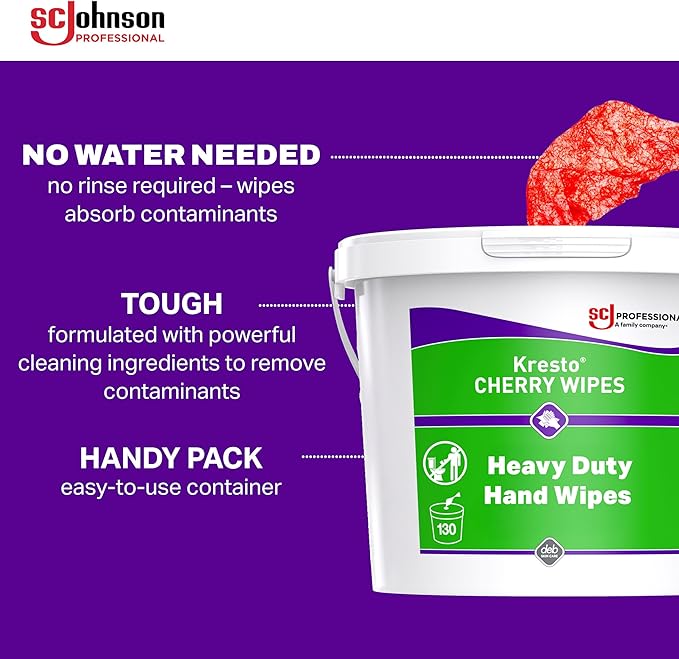 SC Johnson Professional Kresto Cherry Wipes for Heavy Duty Cleaning, 4-Pack of 130-count Buckets, Hand Cleaning Wipes for Mechanics and Other Professional Use