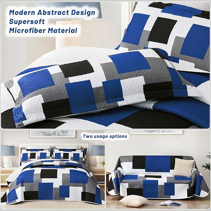 3 Piece Blue White Grey Quilt Set California King Size Black White Geometric Reversible Bedding Set Microfiber Lightweight Bedspread Coverlet with 2 Shams Bed Covers for All Season, 118''x106''