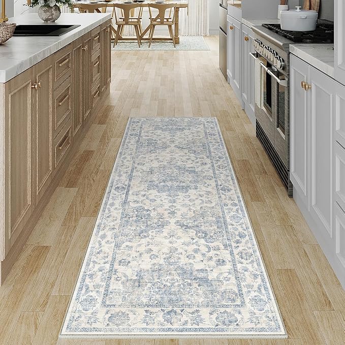 2x5 Washable Neutral Runner Rug Blue Vintage Hallway Kitchen Carpet Non-Slip Soft Low Pile Floral Throw Rug for Bedroom Bathroom Laundry Living Room