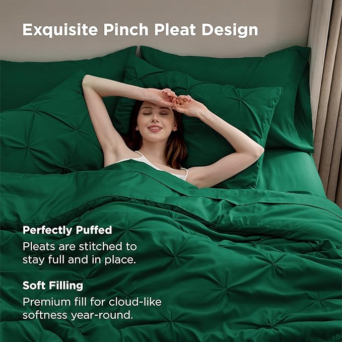 Bedsure Full Comforter Set Dark Green - Bed in a Bag Full Size Bedding Set 7 Pieces, GentleSoft™ Pintuck Bed Set Gift for Family, Pinch Pleat All Season Comforter with Sheets, Pillowcases & Shams