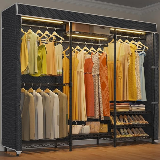 VIPEK V5LC Garment Rack Heavy Duty Covered Clothes Racks with Dimmable LED Light 3000K Warm White, Portable Closet Wardrobe Freestanding Clothing Racks for Hanging Clothes, Black Rack with Black Cover