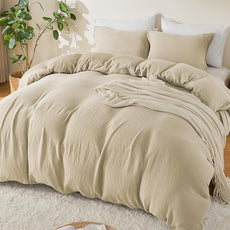 EMME Muslin Cotton Duvet Cover Set Twin Size Light Tan Linen Like Soft Breathable Lightweight Summer Comforter Cover Set with Zipper Closure (Light Tan, Twin, 68