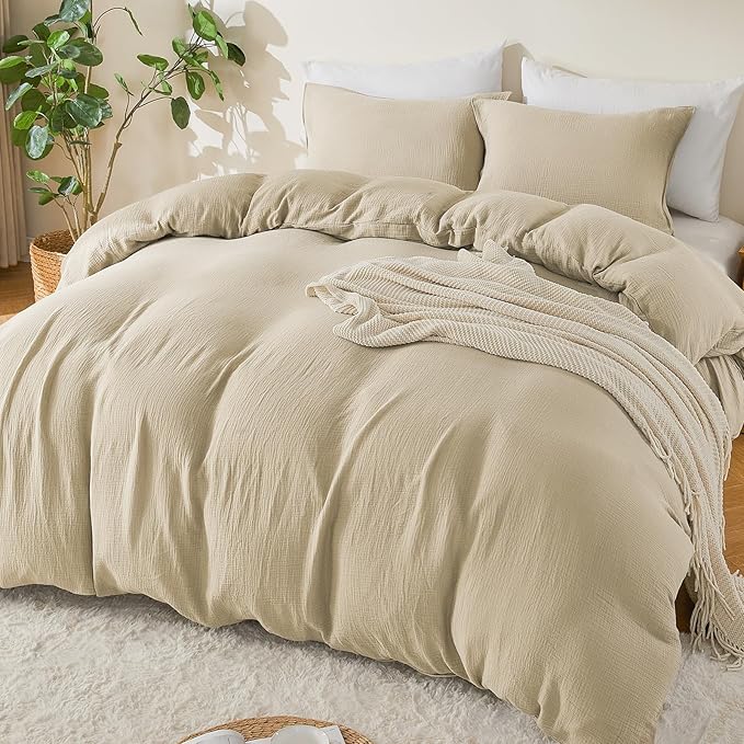 EMME Muslin Cotton Duvet Cover Set Light Tan Queen Size Linen Like Soft Breathable Lightweight Summer Comforter Cover Set with Zipper Closure (Light Tan, Queen, 90"x90")