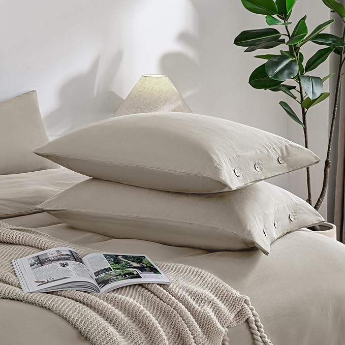 JELLYMONI Pillowcases Standard Set of 2 Cotton Button Pillow Covers 20×26in Linen Grey Bed Pillow Cases 100% Washed Cotton Soft Breathable (Pillows are not Included)
