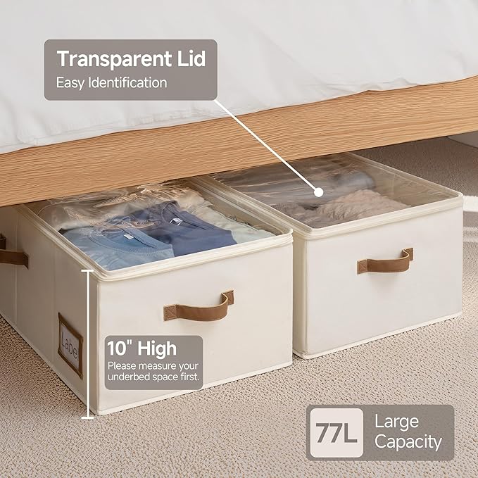 StorageWorks Under Bed Storage Bins, 10'' Underbed Storage Containers with Lid, 77L Clothes Organizer for Bedding, Blankets, Sweaters, Shoes, 2-Pack