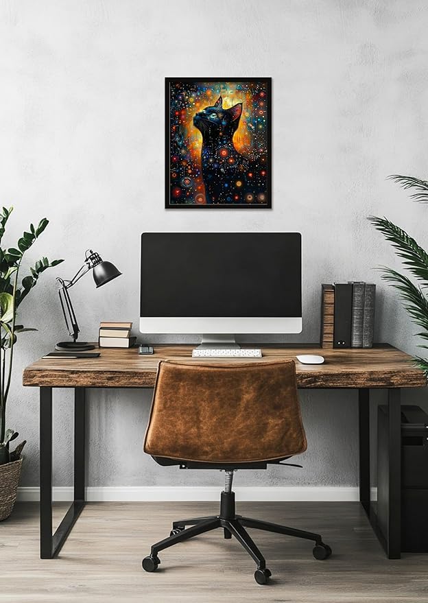 Monet Style Black Cat Wall Art Prints Cat Looking Up At The Stars Poster Canvas Art Wall Decor Picture For Bedroom Office living room Bathroom Wall Decor Aesthetic Home Artwork 16" × 20" With Framed