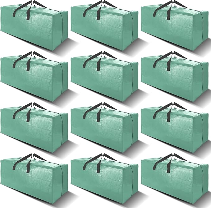 12 Pack Heavy Duty Large Moving Bags W/Backpack Straps - Strong Handles & Zippers, Storage Totes For Space Saving, Fold Flat, Alternative to Moving Box and Storage Bin, Teal